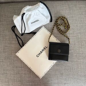 CHANEL Black Calfskin Leather Mini Coco Button Trifold Compact Wallet